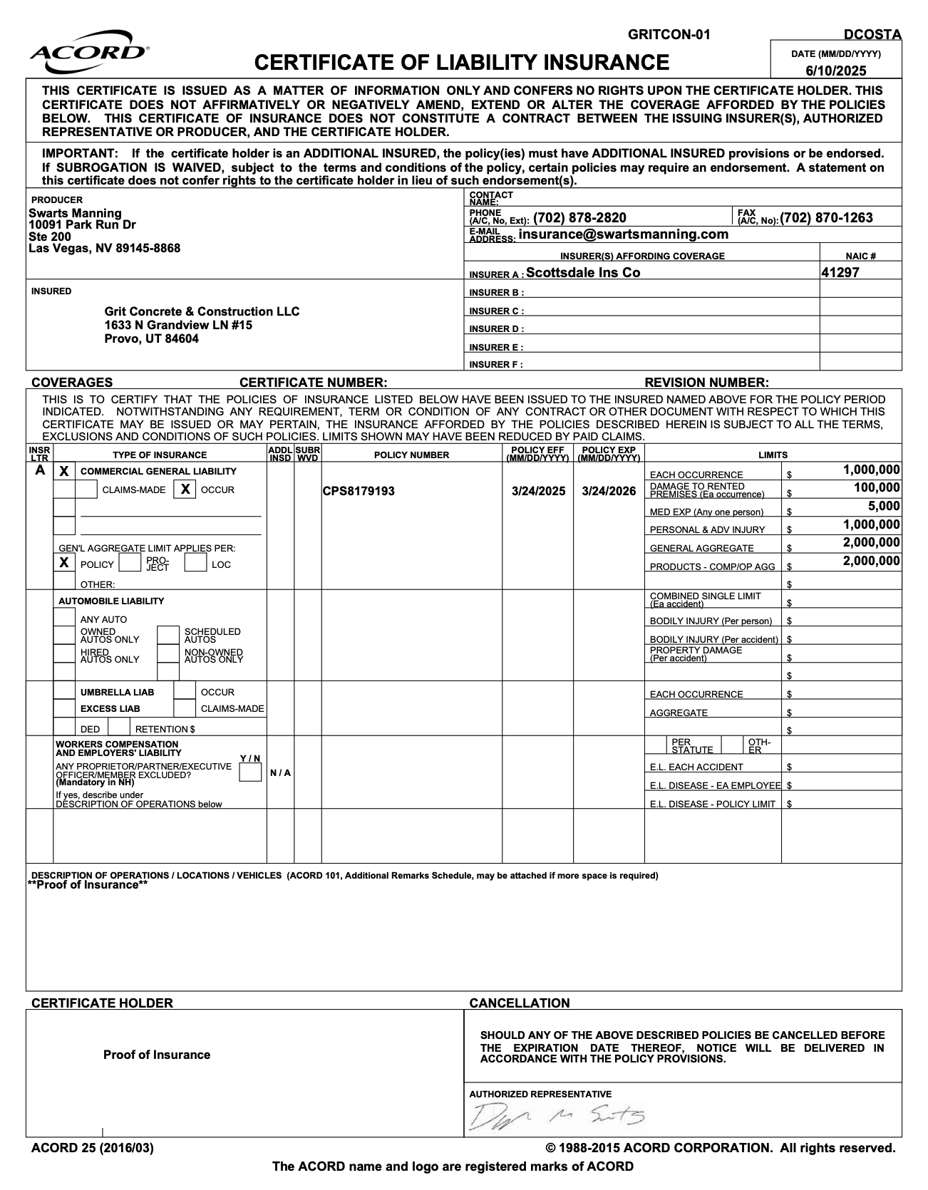 GRIT Courts Certificate of Insurance